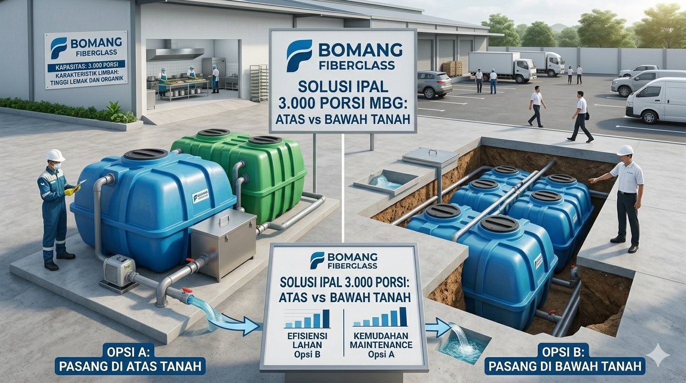 Solusi IPAL 3.000 Porsi MBG di Lahan Terbatas: Strategi Pasang Atas vs Bawah Tanah ala Bomang Fiberglass